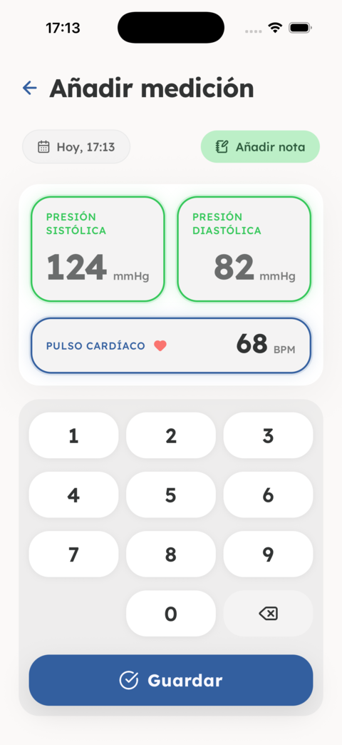 Pantalla «Añadir medición» con sistólica, diastólica y pulso
