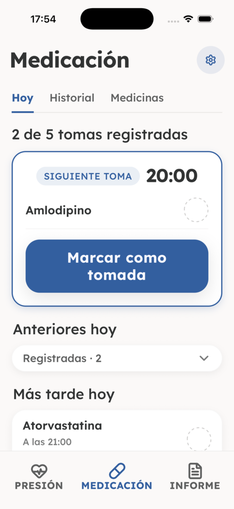Pantalla del día con la siguiente toma y el botón para marcarla como tomada