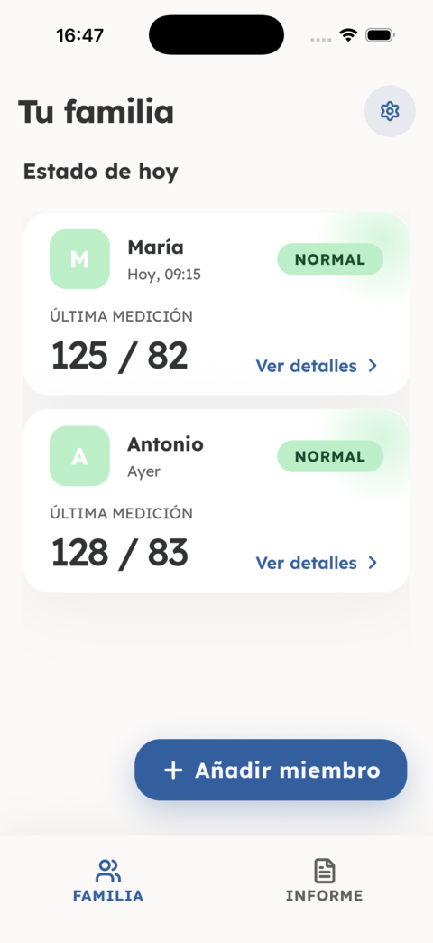 App BP Family mostrando el panel «Tu familia» con las últimas mediciones de la familia